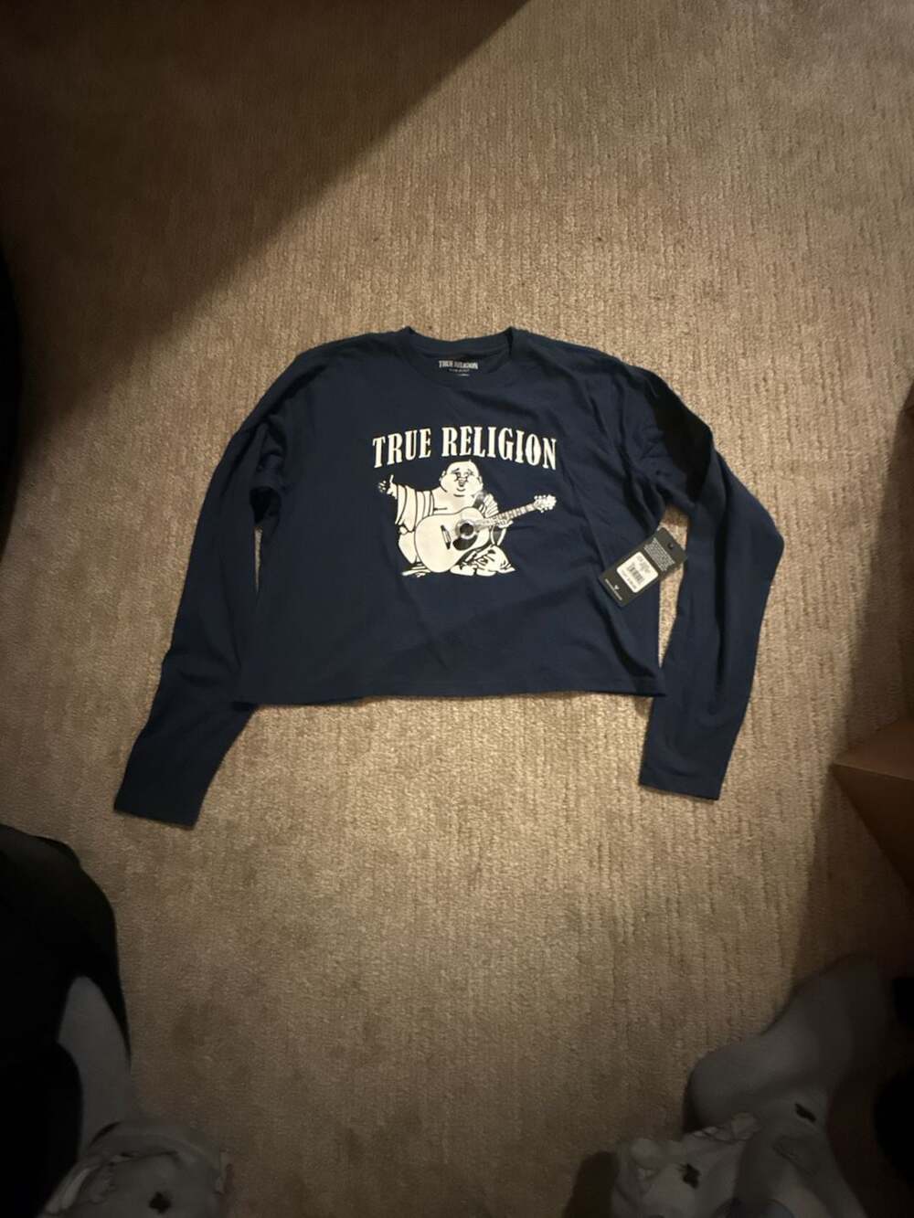 True Religion Buddha Graphic Long Sleeve Crop Top Navy Size Large